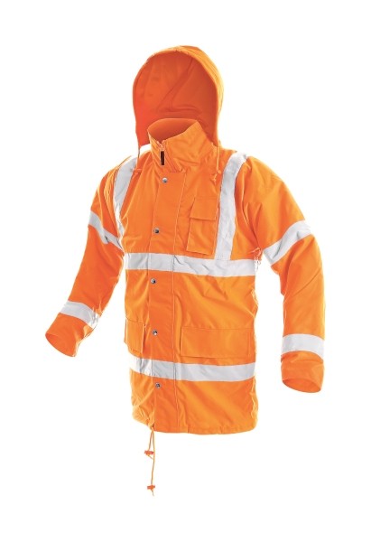 Jacheta inalta vizibilitate, culoare orange, cu benzi reflectorizante,  impermeabila, din poliester Oxford. Captuseala din poliester