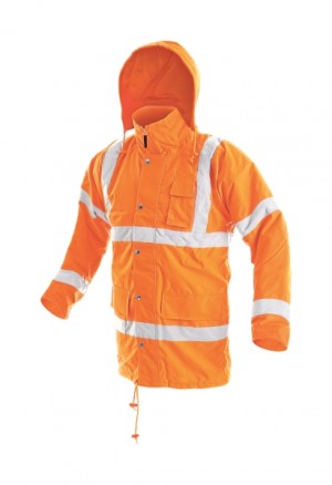 Jacheta inalta vizibilitate, culoare orange, cu benzi reflectorizante,  impermeabila, din poliester Oxford. Captuseala din poliester