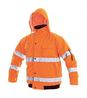 Jacheta in talie de inalta vizibilitate, culoare orange, din poliester Oxford. Cu benzi reflectorizante. Impermeabila. Maneci detasabile. Captuseala din poliester